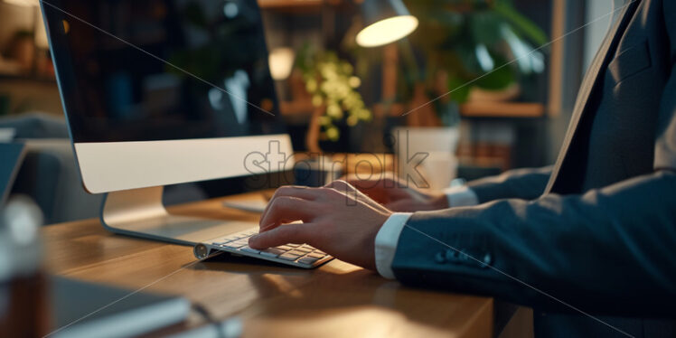 Portrait of a man in a suit typing on a computer at a tidy desk - Starpik Stock