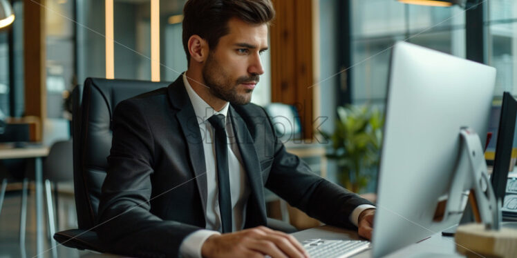 Portrait of a man in a suit typing on a computer at a tidy desk - Starpik Stock