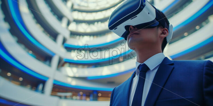 Portrait of a man with VR glasses, clothing suit, location business center - Starpik Stock