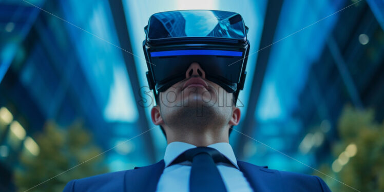 Portrait of a man with VR glasses, clothing suit, location business center - Starpik Stock