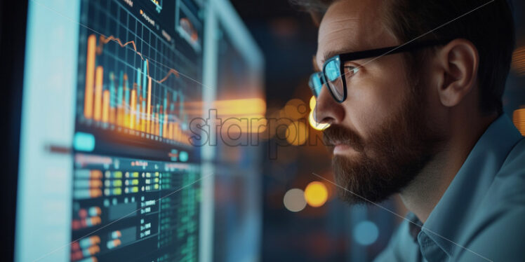 Portrait of a office worker analyzing data on a large computer screen - Starpik Stock