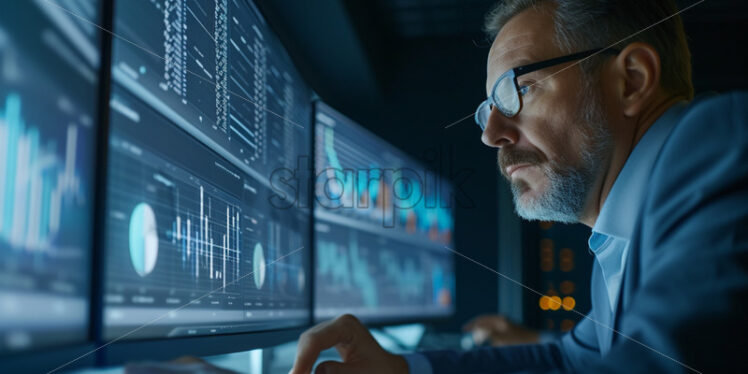 Portrait of a office worker analyzing data on a large computer screen - Starpik Stock