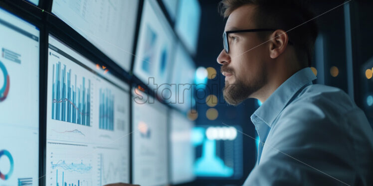 Portrait of a office worker analyzing data on a large computer screen - Starpik Stock