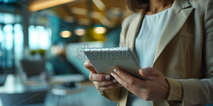 Portrait of a professional using a tablet at a modern office workstation - Starpik Stock