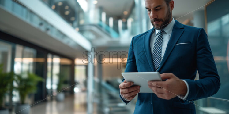 Portrait of a professional using a tablet at a modern office workstation - Starpik Stock