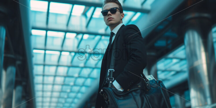 Portrait of a rich man with bag and money in hand - Starpik Stock