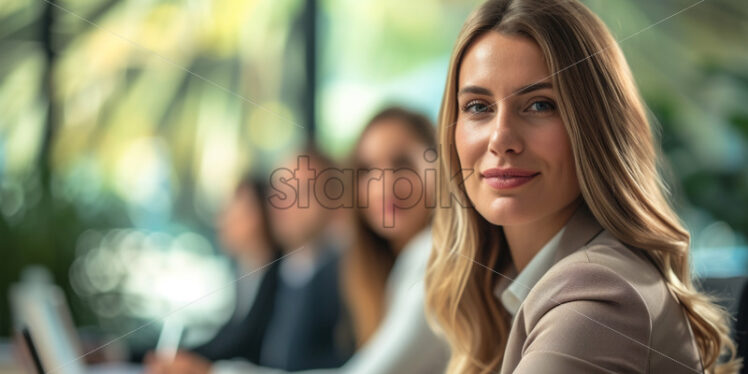 Portrait of a woman in business attire leading a team meeting - Starpik Stock