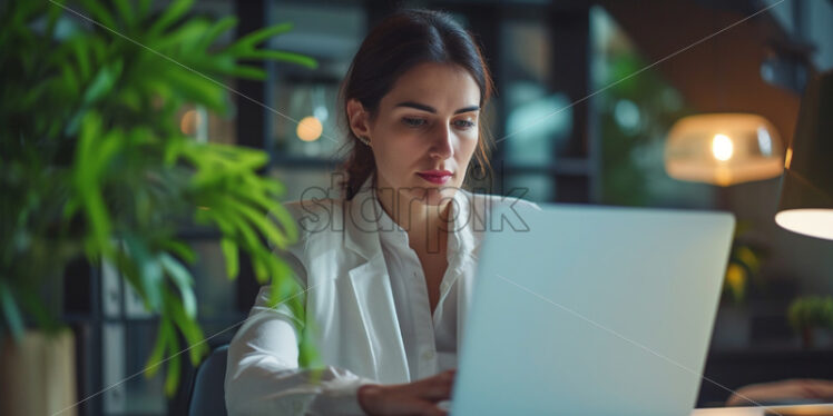 Portrait of a woman in professional attire working on a laptop at a clean desk - Starpik Stock