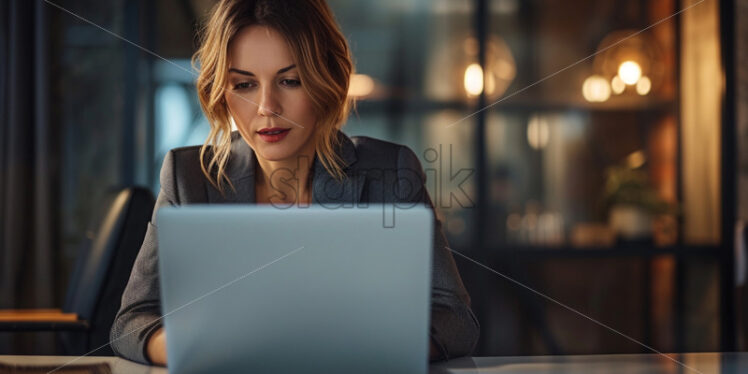 Portrait of a woman in professional attire working on a laptop at a clean desk - Starpik Stock