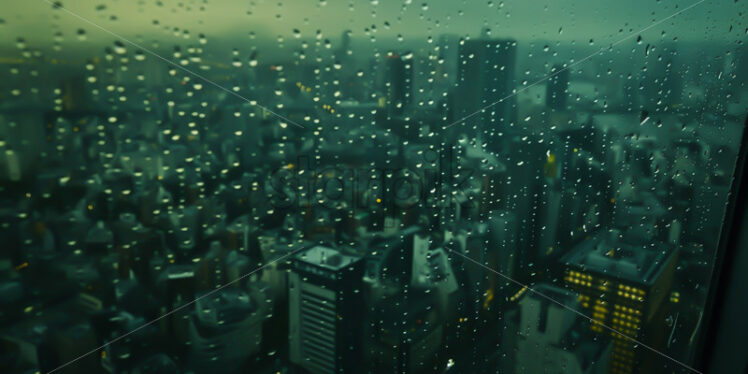 Raindrops on a window, a city in the background - Starpik Stock