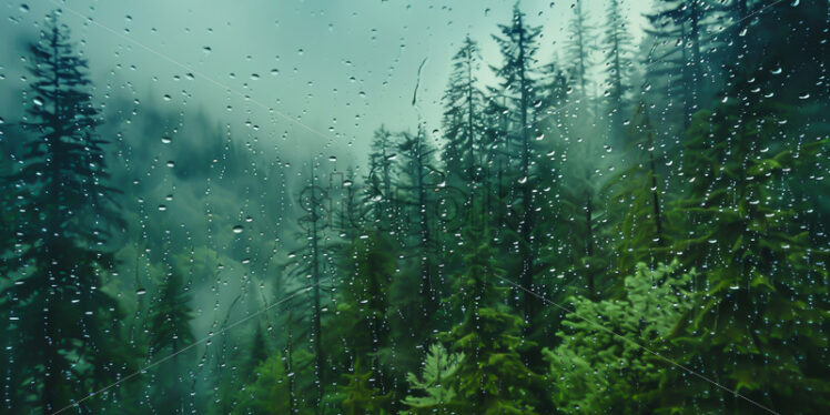 Raindrops on a window, a forest in the background - Starpik Stock