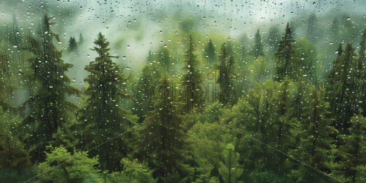 Raindrops on a window, a forest in the background - Starpik Stock