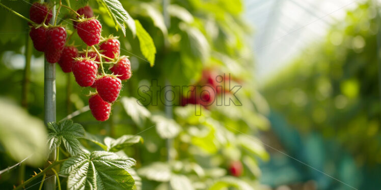 Raspberries growing inside a greenhouse - Starpik Stock