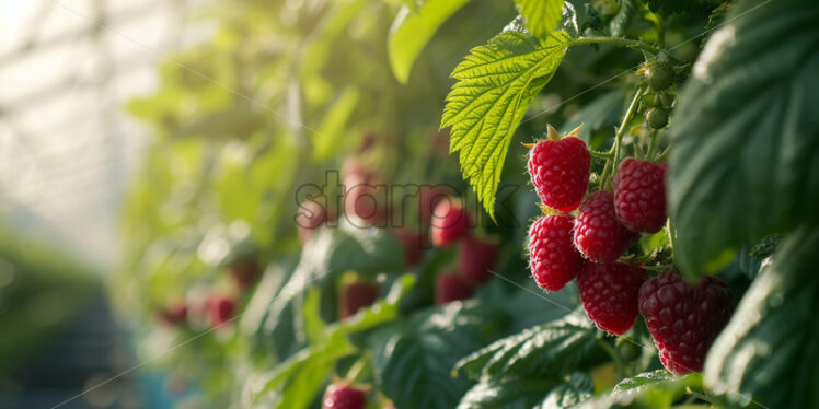 Raspberries growing inside a greenhouse - Starpik Stock