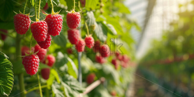 Raspberries growing inside a greenhouse - Starpik Stock