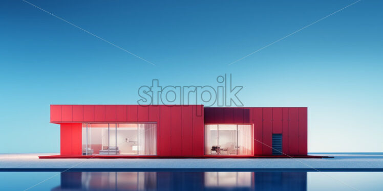 Red minimalistic architectural house on blue background - Starpik Stock