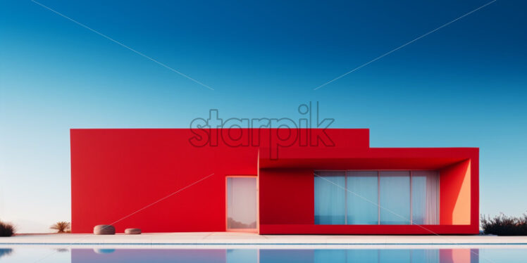 Red minimalistic architectural house on blue background - Starpik Stock