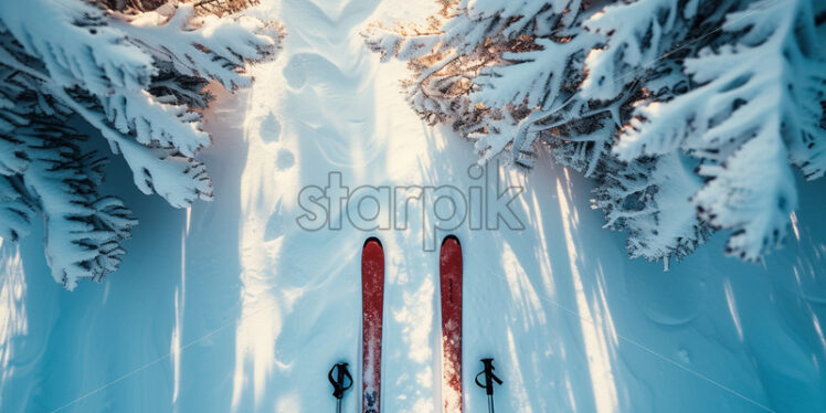 Skiing poles with adjustable straps, long skis with steel edges, snowy slope with pine trees - Starpik Stock