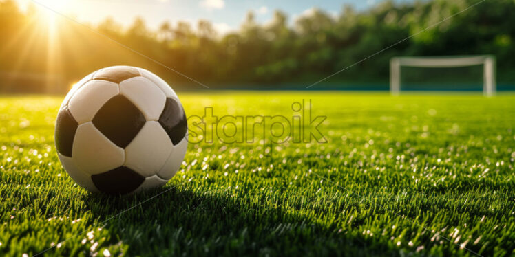 Soccer field on background and soccer ball on the left side - Starpik Stock