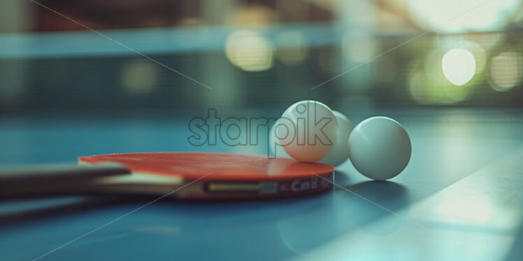 Table tennis table on background, paddles and tennis balls - Starpik Stock