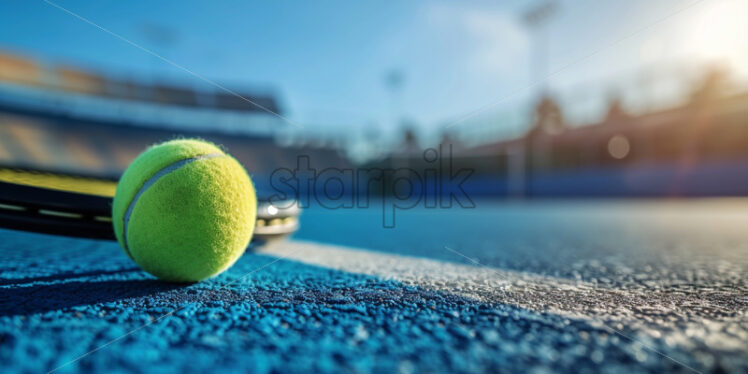 Tennis stadium on background and tennis racket on the left side - Starpik Stock