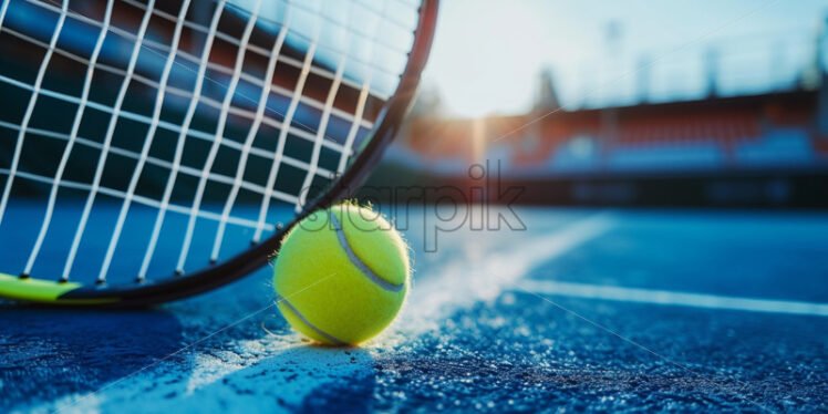 Tennis stadium on background and tennis racket on the left side - Starpik Stock