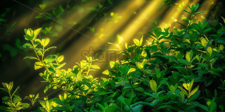 The rays of the sister crossing a green bush - Starpik Stock