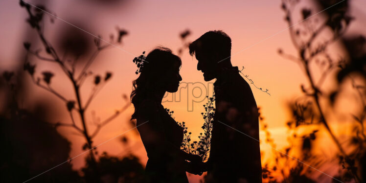 The silhouettes of a couple in love in a field with flowers - Starpik Stock