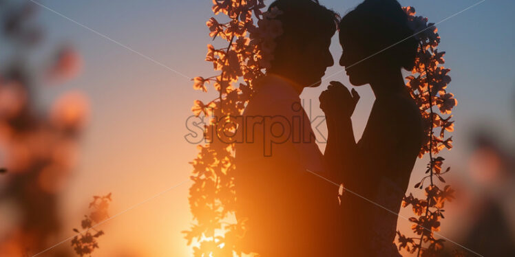 The silhouettes of a couple in love in a field with flowers - Starpik Stock