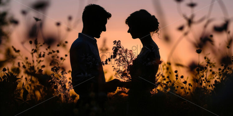 The silhouettes of a couple in love in a field with flowers - Starpik Stock