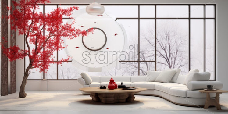 White interior with red accents chic modern style - Starpik Stock