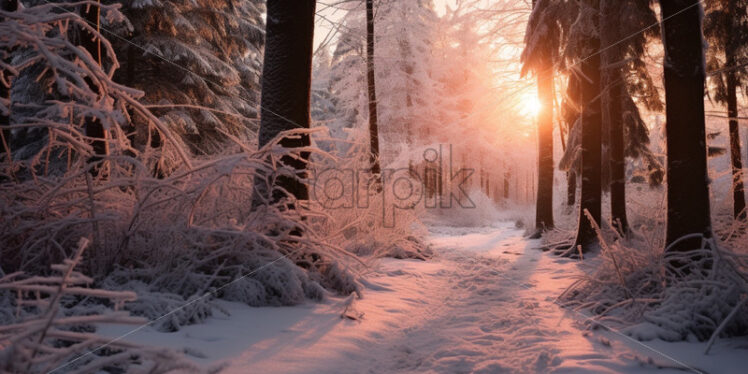 Winter forest at sunset divine light - Starpik Stock