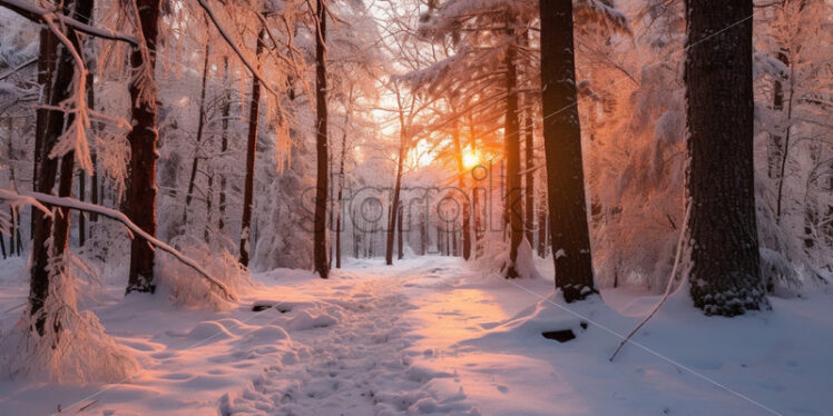 Winter forest at sunset divine light - Starpik Stock