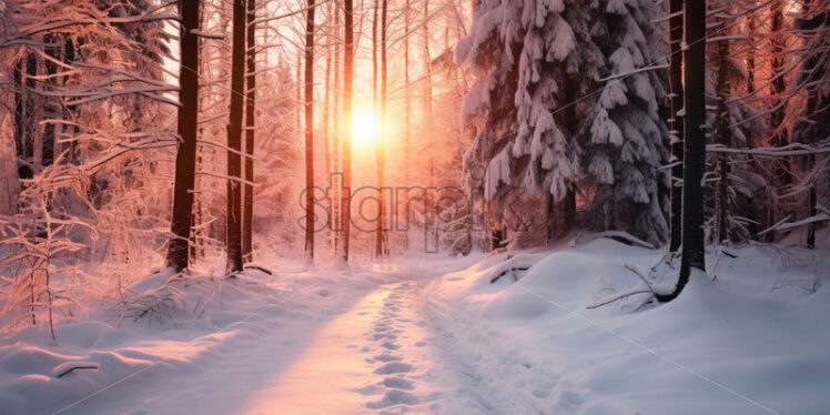 Winter forest at sunset divine light - Starpik Stock