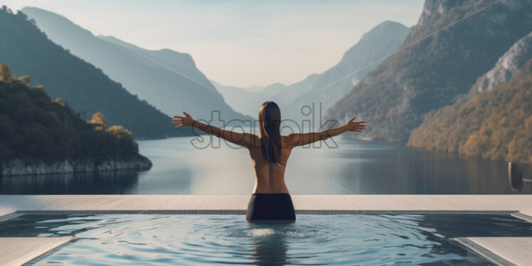 Woman at a lake mountains view enjoying and relaxing escape - Starpik Stock