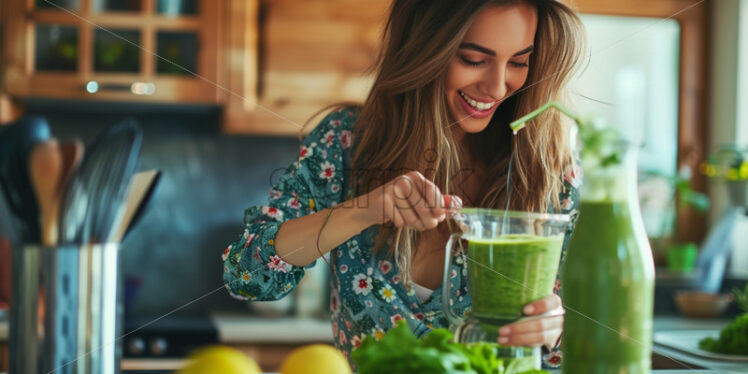 Woman blending green smoothie in kitchen - Starpik Stock