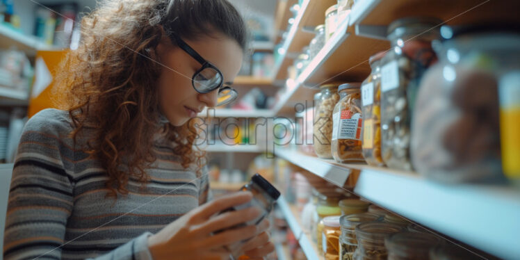 Woman checking expiry dates on pantry items - Starpik Stock