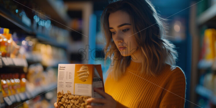 Woman comparing nutrition facts on cereal boxes - Starpik Stock