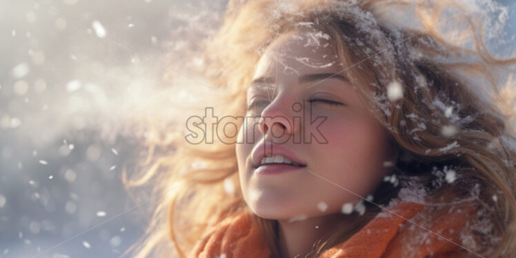 Woman enjoying winter time snow - Starpik Stock