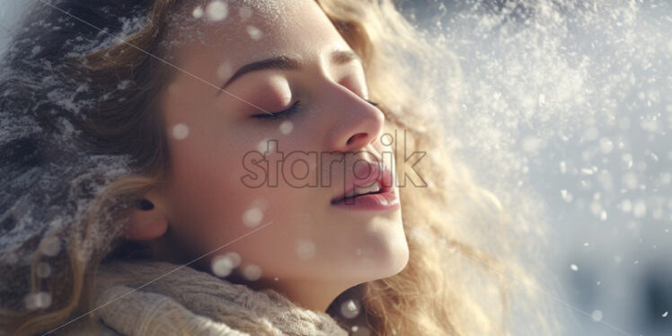 Woman enjoying winter time snow - Starpik Stock