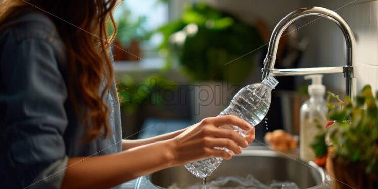 Woman filling reusable water bottle at sink - Starpik Stock