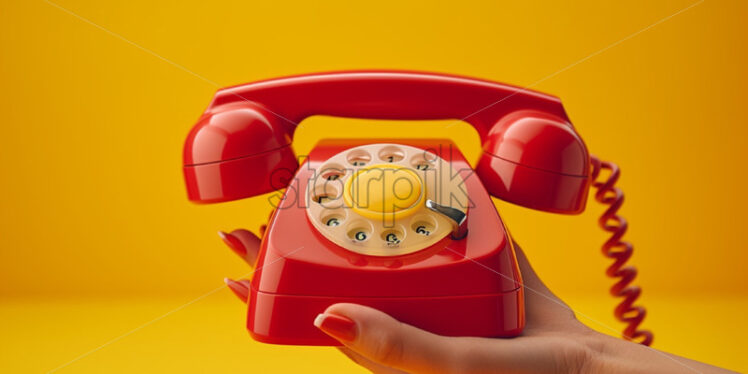 Woman hand holding a red phone, over green background - Starpik Stock