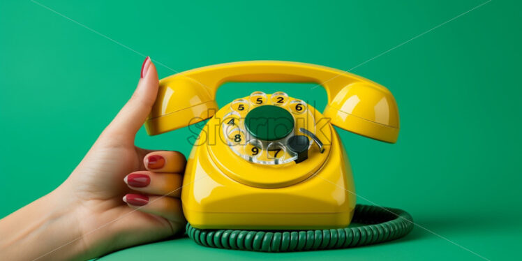 Woman hand holding a yellow phone, over green background - Starpik Stock