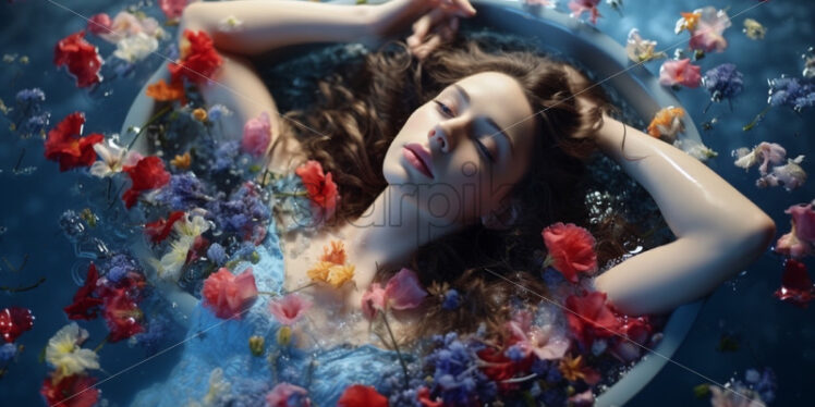 Woman in a bath tub full of flowers, beauty spa concept - Starpik Stock