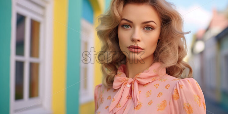 Woman in retro Pink blouse retro style, colourful houses on background - Starpik Stock