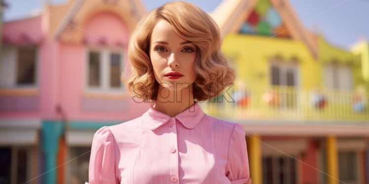 Woman in retro Pink blouse retro style, colourful houses on background - Starpik Stock