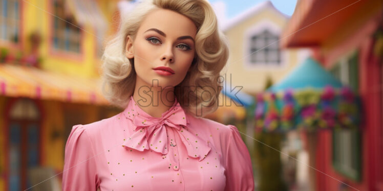 Woman in retro Pink blouse retro style, colourful houses on background - Starpik Stock