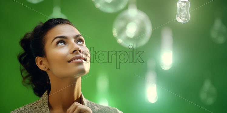 Woman looking up at a bulb new idea concept - Starpik Stock