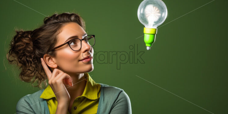 Woman looking up at a bulb new idea concept - Starpik Stock