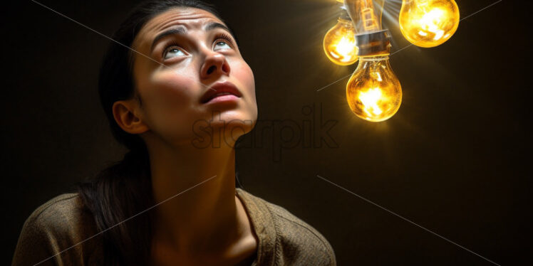 Woman looking up at a bulb new idea concept - Starpik Stock